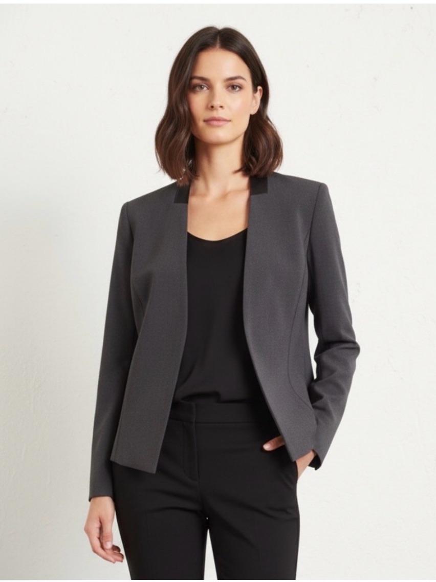 Elie Tahari Wool Blazer Lamb Leather Trim Open Front Career Jacket Gray Size 4